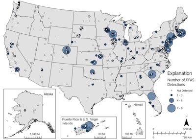 This U.S. Geological Survey (USGS) map shows the number of PFAS detected in tap water samples from select sites across the nation. The findings are based on a USGS study of samples taken between 2016 and 2021 from private and public supplies at 716 locations. The map does not represent the only locations in the U.S. with PFAS. (Source: USGS, public domain.)